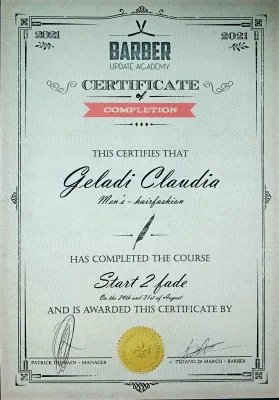 Dit certificaat van Barber Update Academy uit 2021 bevestigt dat Geladi Claudia – Men’s Hairfashion de opleiding van : Start 2 fade