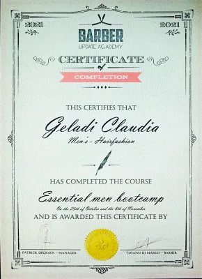 Het certificaat bevestigt dat Geladi Claudia – Men’s Hairfashion de opleiding:  Essential Men Bootcamp